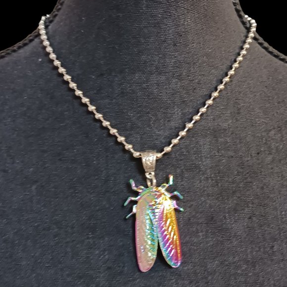 Handcrafted Rainbow Cicada Charm Necklace – Unisex 18" Ball Chain - Picture 3 of 10